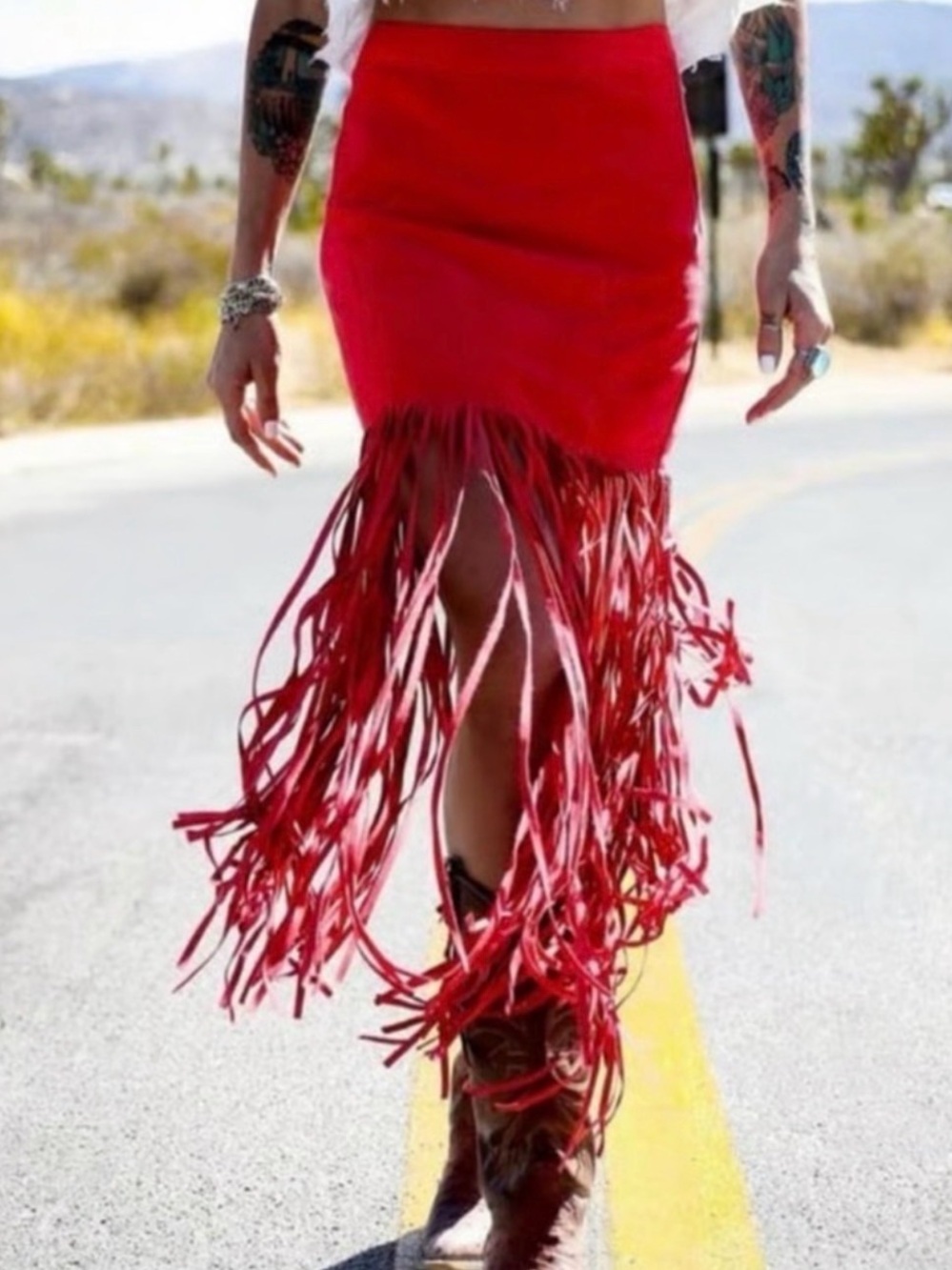Coachella Red Faux Suede Fringe Skirt